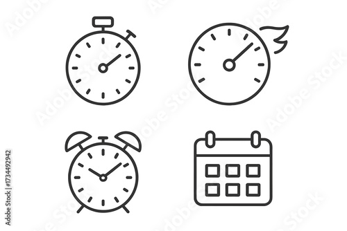 Time and clock line style icons set including timer, speedometer, alarm clock, and calendar vector illustration with transparent background, ordered collection for web design and digital use