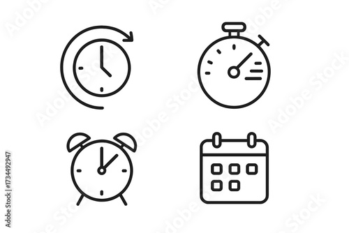 Time and clock line style icons set including timer, speed stopwatch, alarm clock, calendar symbols, transparent background, ordered collection of time management and scheduling vector illustrations