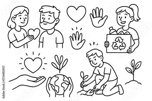 Environmental care and teamwork concept. Vector outline illustration of people planting trees, holding hearts, recycling, and protecting the earth. Eco-friendly community actions.