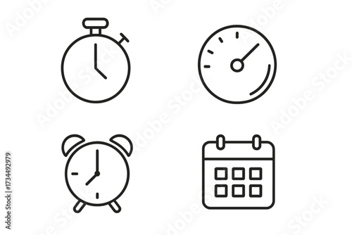 Time and clock web icons in line style with timer, speed gauge, alarm clock, and calendar symbols, vector illustration set with transparent background for digital design and scheduling