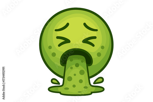 Sick green emoticon vomiting vector emoji. Puking smiley icon with disease, virus, or stomach problem. Nauseous face with food poisoning. Disgusted ill character concept.
