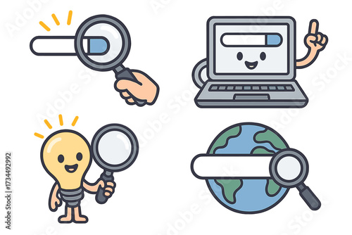Video marketing doodle concept with magnifying glass, laptop with search bar, idea lightbulb holding magnifier, global search icons, digital technology cartoon illustration