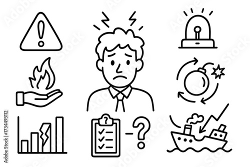 Web traffic risk concept doodle set with warning signs, stressed person, alert siren, fire hazard, declining statistics, checklist uncertainty, bomb threat, sinking ship, vector cartoon illustration