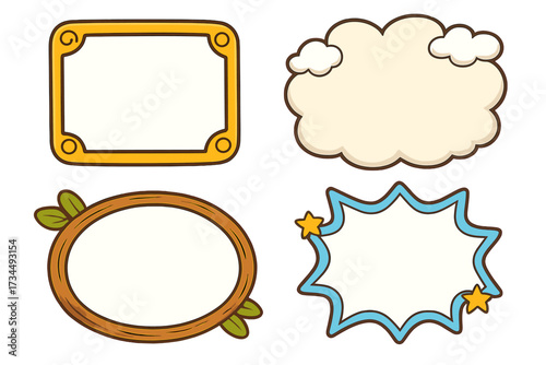 Set of cartoon frames and speech bubbles. Vector illustration collection of empty borders for text. Includes comic book explosion, cloud, nature wood, and golden plaque shapes.