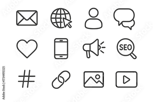Social media marketing and SEO icon set. Line art web icons for digital business. Contact, networks, technology, website symbols. Vector pack. Like, share, comment, video.