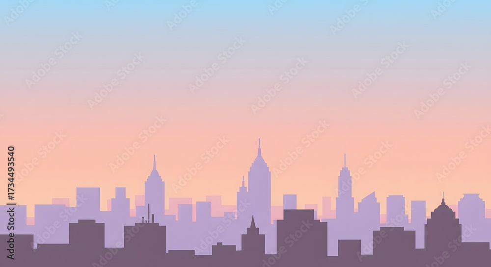 Fototapeta premium Silhouette of a city skyline at dusk with a gradient sky, buildings in the foreground.
