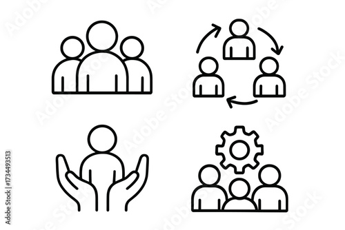 Teamwork line icons set for business. Concepts of collaboration, team management, workflow, support, and human resources. Vector group people and gear symbols for web design.