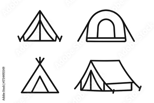 Camping tent vector icon collection. Simple outline illustration set of different tent types for outdoor travel and hiking adventure. Modern linear symbols for web and app design.