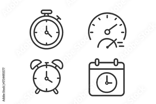 Time and clock line icon set. Vector icons of stopwatch, speedometer, alarm clock, and calendar for web and app design. Time management, speed, deadline and schedule concept.