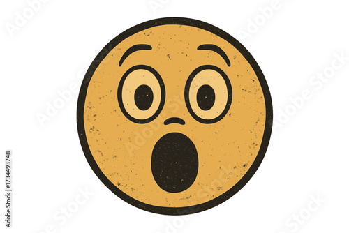Vintage retro surprised smiley face. Vector emoticon in shock with grunge texture. Amazed emoji icon illustration with open mouth and wide eyes. Astonished character.