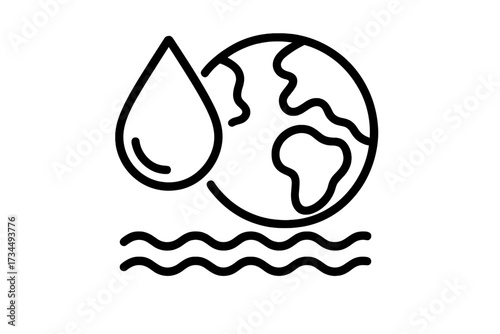 Earth day concept. Save water, save the planet. Globe with water drop and wave icon. Ecology, environment, and conservation symbol for graphic design and web. Vector outline.