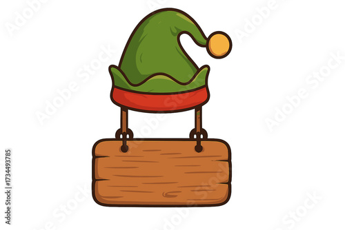 Christmas elf hat with empty wooden sign. Cartoon vector illustration for holiday message or sale. Xmas character cap on a blank signboard for custom text. Festive decoration.