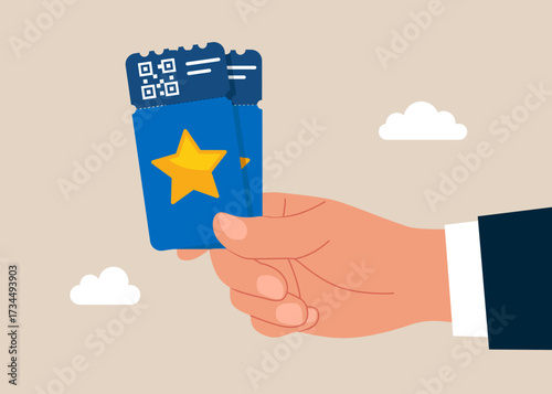 Hand holds cinema movie ticket, ready for watch movie in theatre. Booking ticket service. Vector flat illustration