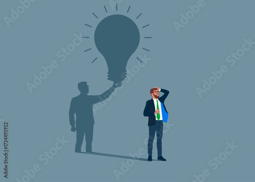 Businessman standing with shadow human with lightbulb. Question answer. Frequently asked questions, Answer to a question, search for solutions. Vector flat illustration