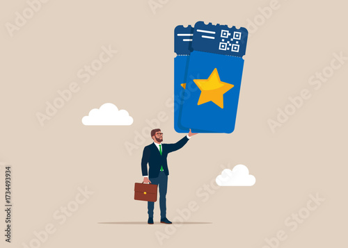Businessman holds cinema movie ticket, ready for watch movie in theatre. Booking ticket service. Vector flat illustration