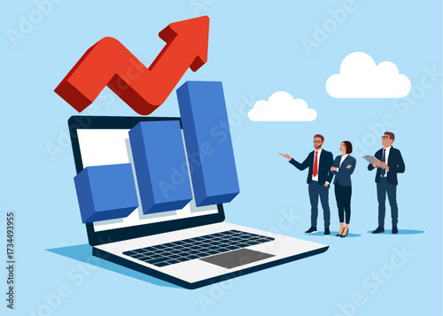Notice for finance statistic on laptop, sell and buy chart. Rising profit growth graph. Investment profit growth, financial advisor. Make money to get rich or increase earning or income. 