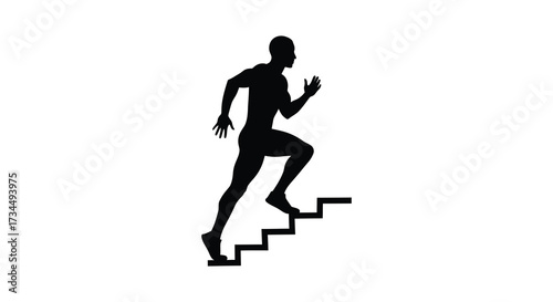 A person running up stairs depicted as a stark black silhouette