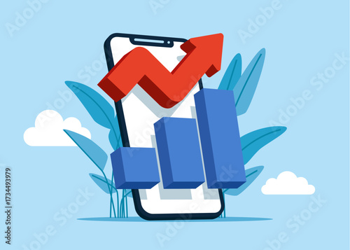 Notice for finance statistic on mobile phone, sell and buy chart. Rising profit growth graph. Investment profit growth, financial advisor. Make money to get rich or increase earning or income. 