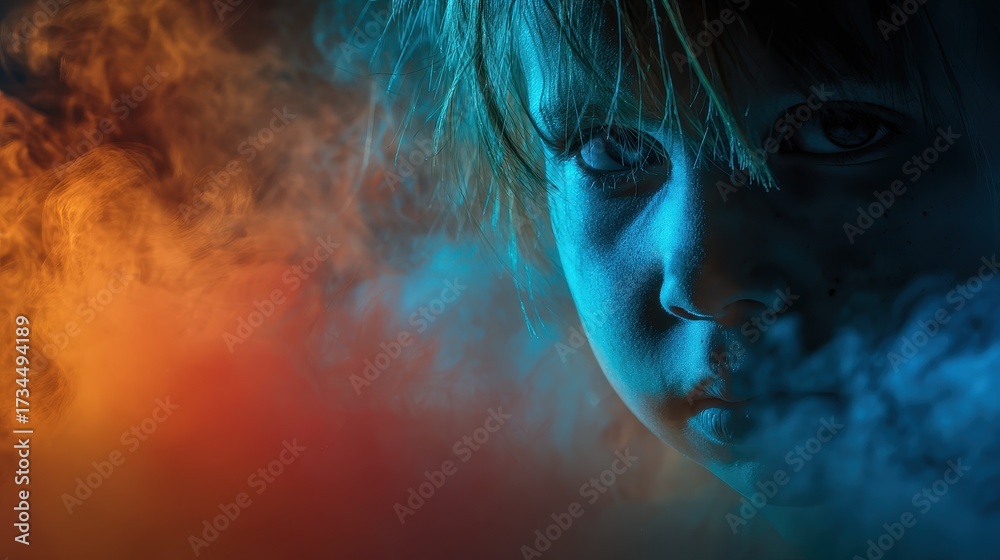 Fototapeta premium Scary child face in industrial smoke close up focus on copy space haunting vivid hues double exposure silhouette with pollution theme.
