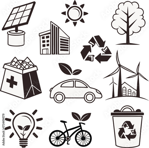 Eco-Friendly Living: Sustainable Energy, Recycling, and Green Transportation for a Healthy Planet, originally a scalable vector graphic, clean design