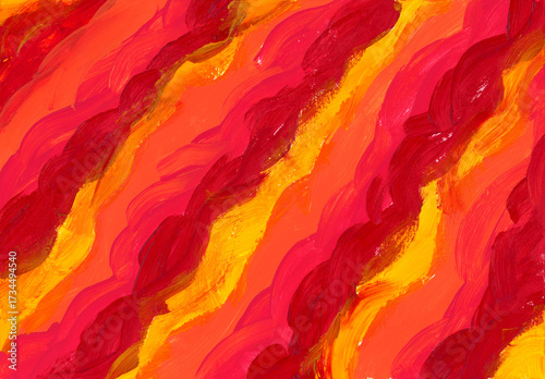 Abstract acrylic painted background with bold red, orange, and yellow brush strokes creating dynamic fiery texture. Sweeping diagonal patterns on horizontal canvas.