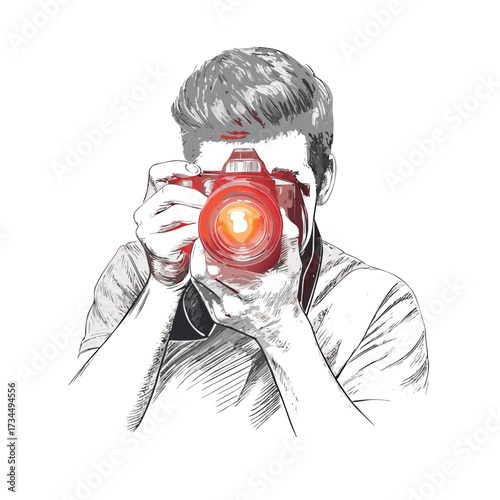 Funny cartoon illustration of a crazy businessman with a camera and glasses
