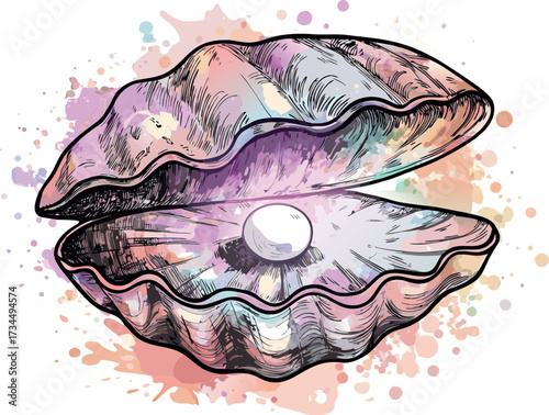 A Pearl's Revelation: A beautifully rendered illustration reveals a luminous, perfect pearl nestled within an open oyster shell, set against a backdrop of vibrant watercolor splatters.