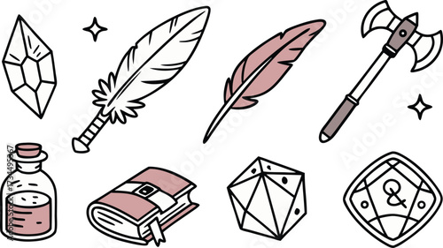Enchanting collection of RPG game elements for tabletop adventures, perfect for dungeons and dragons, fantasy, magic, and storytelling campaigns