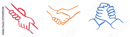 Handshake Hand Grab Friendship Icons Crayon Chalk Drawing Doodle Vector Set