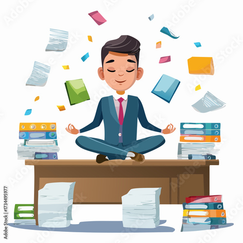 Businessman Meditating Calmly on Desk Amid Busy Office Work