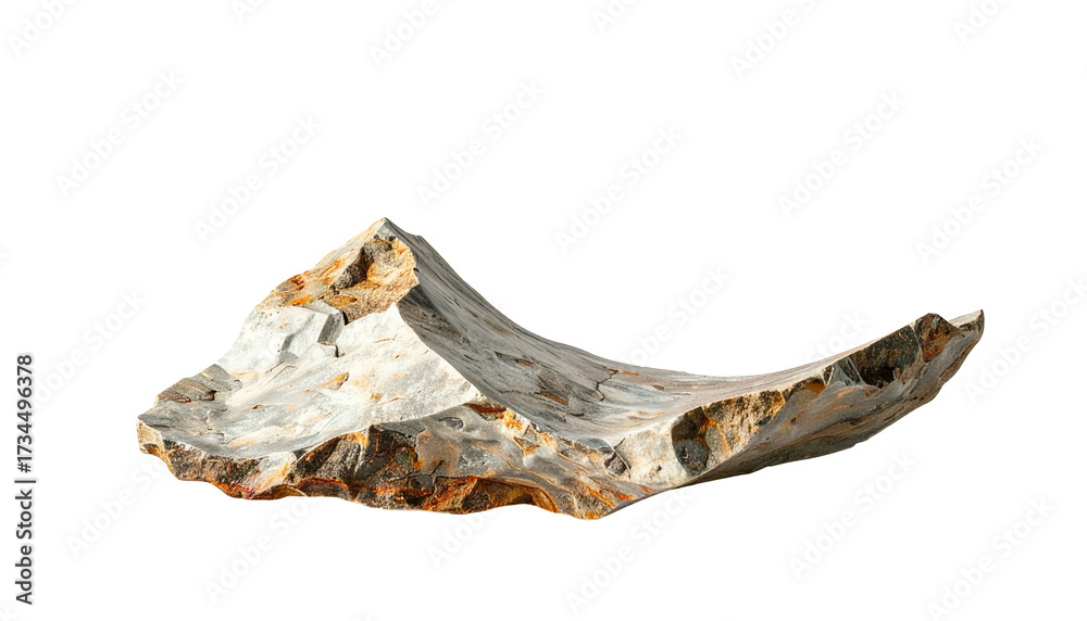 Obraz premium Ancient stone artifact, flaked edges, detailed texture, isolated on black