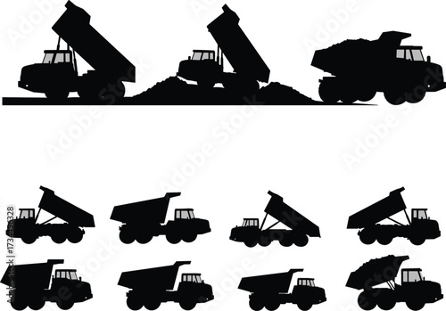 Truck, Dump, Vehicle, Machine, Heavy, Equipment, Transport, Load, Soil, Sand, Gravel, Construction, Industrial, Site, Project, Power, Vector, Icon, Illustration, Silhouette