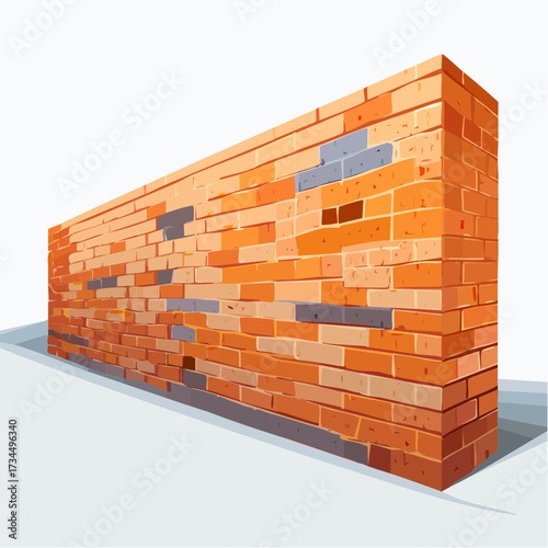 Three-quarter view of a weathered brick wall with missing and damaged bricks on a plain background.