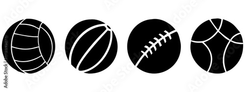 Abstract vector illustration of a dynamic black and white background with a set of sport equipment icons including a football, basketball, and tennis ball