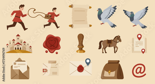 An illustration set of medieval and modern mail and message delivery icons