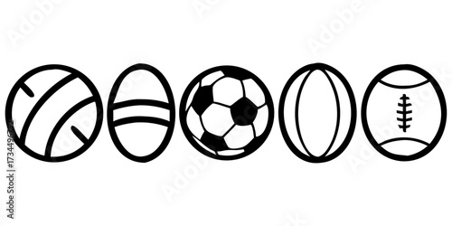 Black and white vector illustration of a round leather ball for soccer, football, or other team sport competition games