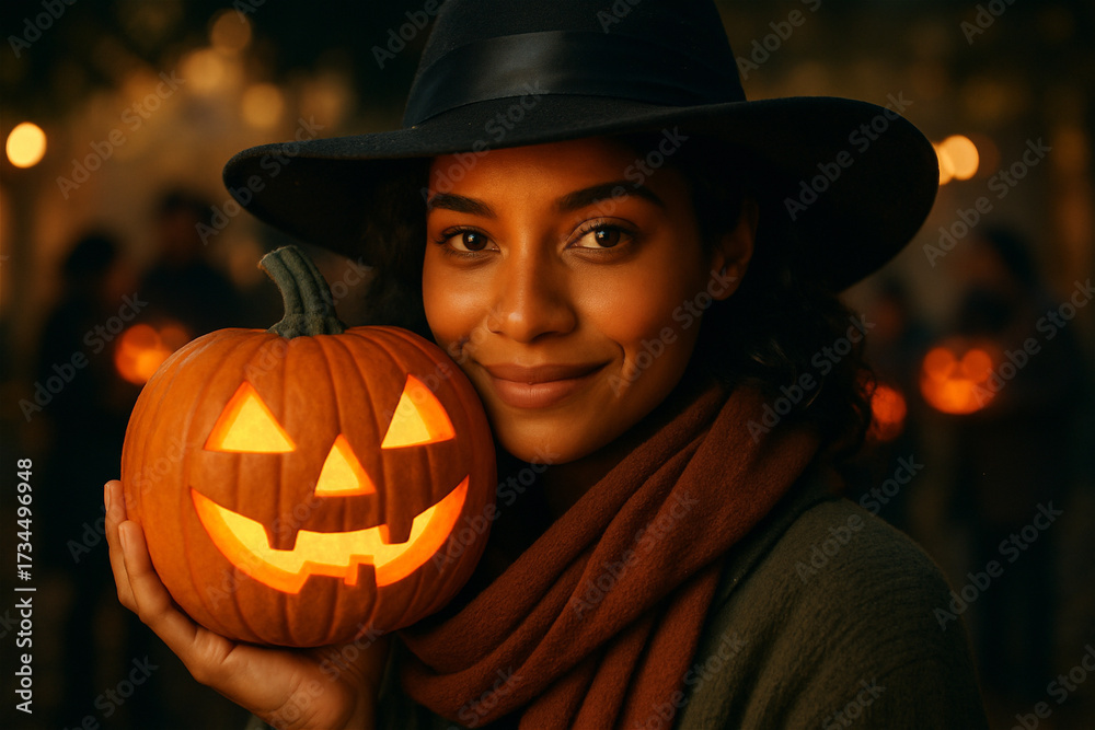 Fototapeta premium Beautiful Latina Woman in a Hat Holding a Spooky Pumpkin - Smiling Woman with a Jack-O'-Lantern at a Halloween Part