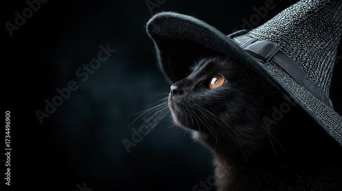 A black cat wearing witch hat with glowing eyes on mysterious dark background for Halloween seasonal theme.