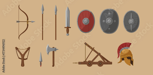 Collection of ancient weapons armor and siege engine icons on tan background