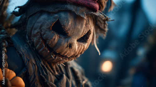 Portrait of a terrifying Halloween pumpkin scarecrow glowing carved face on dark eerie background with creepy atmosphere.