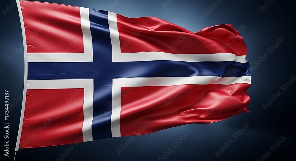 Fototapeta premium The national flag of norway waving in the wind against a dark, moody background