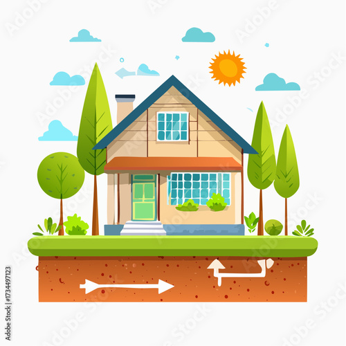 Eco-friendly House with Geothermal Energy Heating System Vector Illustration