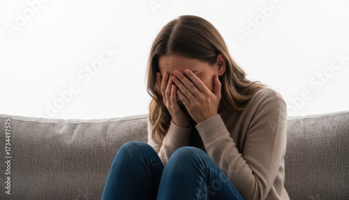 A woman is crying on the couch