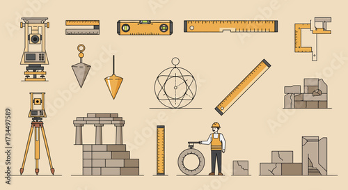 Collection of surveying construction and architectural measuring tools and stone structures