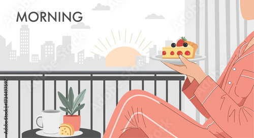 A delightful morning on the balcony with cake and coffee with a city view in background