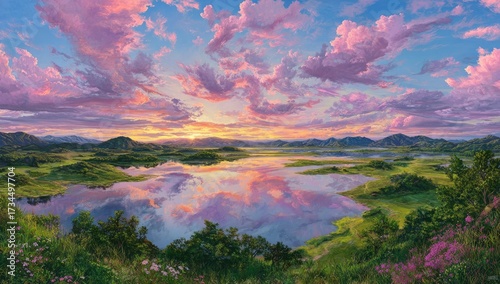 Painting of a serene lake reflecting a vibrant sunset, surrounded by lush green hills