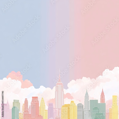 Pastel NYC skyline with fluffy clouds, evoking a dreamy atmosphere