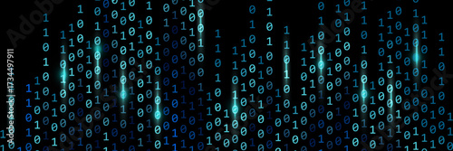 Blue binary rain background with glimmer and glowing light. Binary code with blue light.