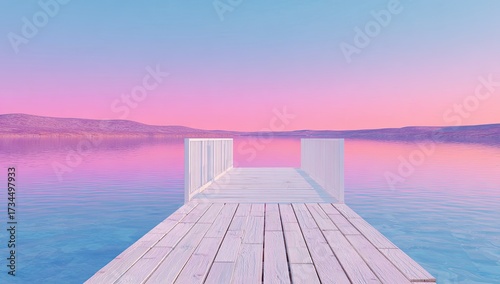Pier extends to a tranquil lake reflecting pink and blue sky, mountains in the distance