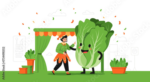 A whimsical illustration of a character interacting with a sentient leafy vegetable at a fair
